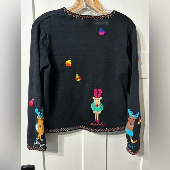 Vintage Christina Rotelli Festive holiday Cardigan with Embroidered Reindeer - Picture 7 of 10